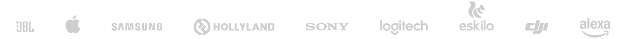 Marcas autorizadas: JBL, Apple, Samsung, Hollyland, Sony, Logitech, Eskilo, DJI e Alexa